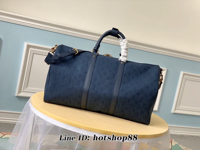 路易威登LV旅行包 LV新款男士手提旅行袋 M44645藍 KEEPALL 50旅行袋 牛仔布藍色旅行袋枕頭包 xxlv1458